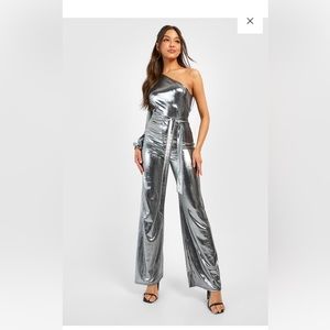 Textured Foil Silver One Shoulder Wide Leg Jumpsuit